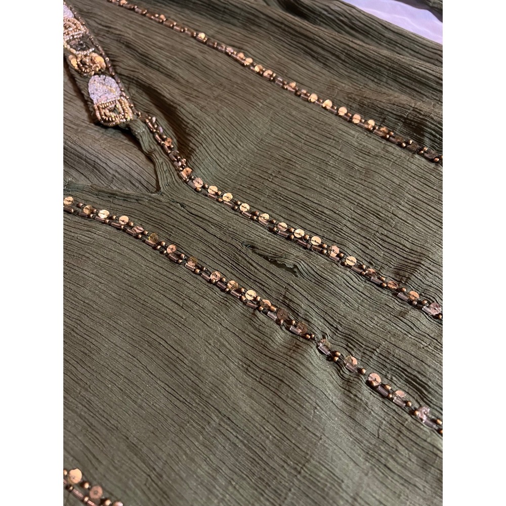 Y2K Mixit Sheer Tunic Top XS Boho Earthy Olive Green Beaded Gold Sequin Gauze - Picture 10 of 10